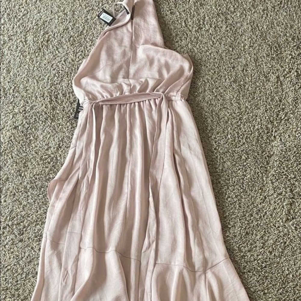 Express High neck strapy Race-back belted sheath ruffle Asymmetric knee dress
